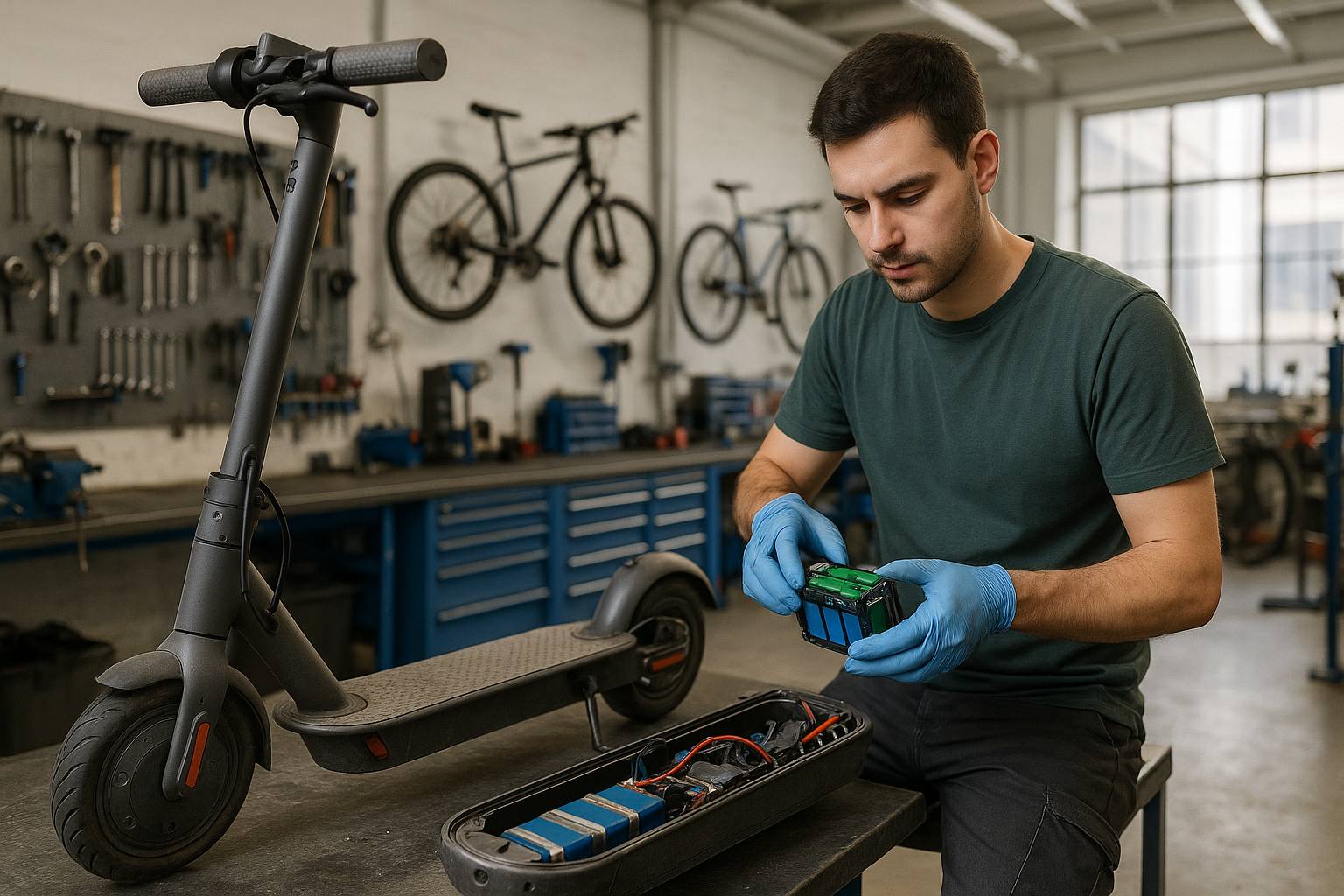 Create an image of a technician repairing a personal mobility vehicle (PMV) in a well-equipped workshop. The technician is skilled and focused, and the workshop is clean and organized. The overall impression is one of reliability and quality service. Style: Technical, professional, and reliable. Technical Specs: 4K resolution, high-quality rendering.