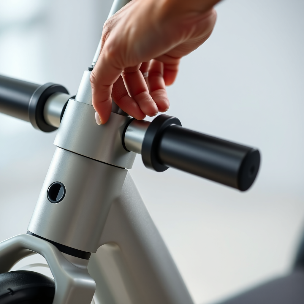 Create a close-up shot of a hand carefully inspecting a high-quality electric scooter. The focus is on the details of the scooter's construction – the smooth finish, the sturdy frame, and the precision engineering. The lighting should be soft and even, highlighting the quality of the materials. The background should be blurred to emphasize the scooter. The overall impression is one of meticulous attention to detail and a commitment to quality. Style: Clean, professional, and detail-oriented. Technical Specs: 4K resolution, macro photography with high-quality rendering.