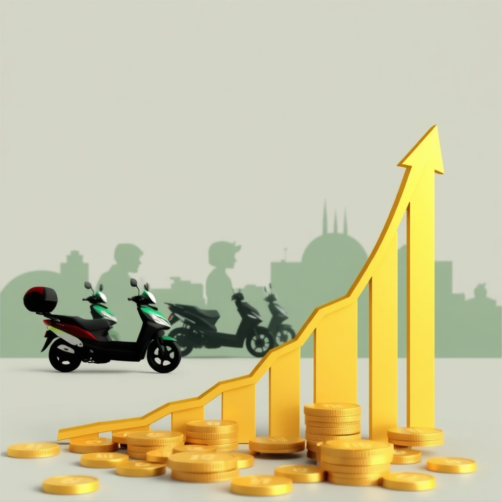 Create a stylized image representing profit margins. Focus on a graph showing an upward trend, with clear labels indicating increasing revenue and profit. In the background, subtly include silhouettes of various personal mobility vehicles (PMVs). Use a color palette of greens and golds to convey a sense of wealth and success. The overall style should be clean, modern, and visually appealing. Style: Modern, graphic, and slightly abstract. Technical Specs: 4K resolution, high-quality rendering with crisp details.