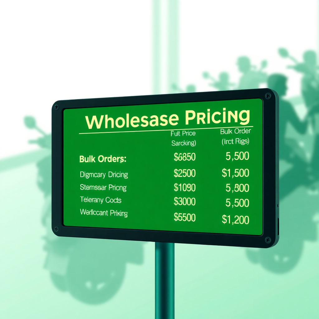 Create a stylized image representing wholesale pricing. Focus on a digital display showing a price list with significant discounts for bulk orders. The display should be clear and easy to read, with prominent highlighting of the discounted prices. In the background, subtly include silhouettes of various personal mobility vehicles (PMVs). Use a color palette of greens and blues to convey a sense of value and savings. The overall style should be clean, modern, and visually appealing. Style: Modern, graphic, and slightly abstract. Technical Specs: 4K resolution, high-quality rendering with crisp details.