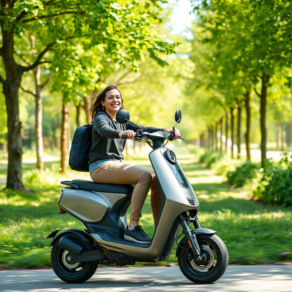 Create an image depicting a person riding an electric scooter through a green and vibrant park. The rider is smiling and enjoying the scenery. The scooter is sleek and modern, blending seamlessly with the natural environment. The overall impression is one of sustainability, freedom, and enjoyment. Style: Natural, vibrant, and eco-friendly. Technical Specs: 4K resolution, high-quality rendering with attention to detail.