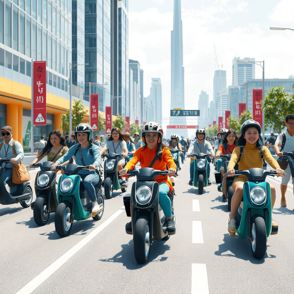 Depict a diverse group of people using various personal mobility vehicles (PMVs) in a futuristic city setting. The city is clean and modern, with advanced infrastructure for PMVs. The overall impression is one of innovation, sustainability, and progress. Style: Futuristic, vibrant, and optimistic. Technical Specs: 4K resolution, high-quality rendering with attention to detail.