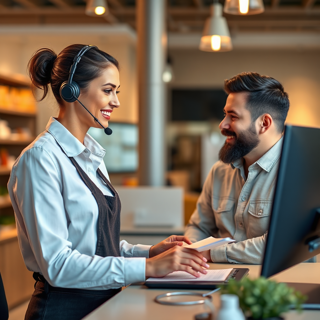 Depict a friendly and professional customer service representative assisting a shop owner with their order. The scene takes place in a modern office environment with clean lines and warm lighting. The representative is smiling and engaged, providing helpful information on a computer screen. The shop owner is attentive and asking questions. The overall atmosphere should convey trust, expertise, and a commitment to customer satisfaction. Style: Professional, approachable, and modern. Technical Specs: 4K resolution, high-quality rendering with attention to detail.
