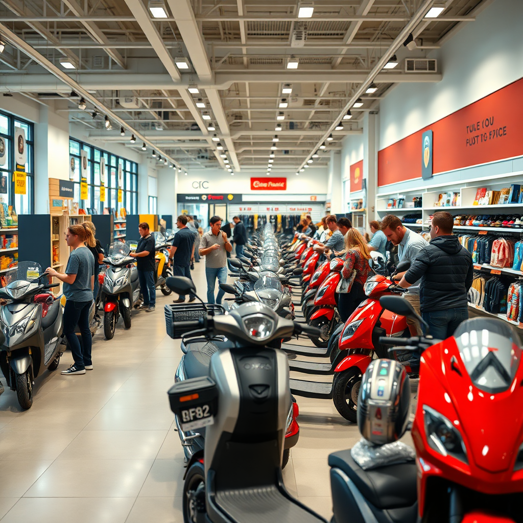 Visualize a busy retail store with a prominent display of personal mobility vehicles (PMVs). Customers are browsing the selection and interacting with the products. The store is well-lit and inviting, creating a positive shopping experience. The overall impression is one of increased sales and customer engagement. Style: Modern, vibrant, and inviting. Technical Specs: 4K resolution, high-quality rendering with attention to detail.