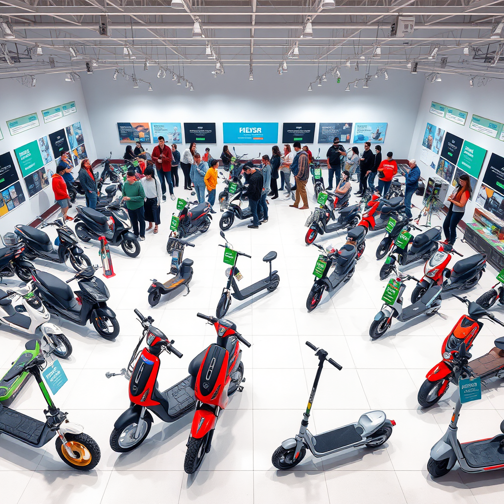 Visualize a wide selection of personal mobility vehicles (PMVs) neatly arranged in a bright and modern showroom. The PMVs include electric scooters, electric bikes, hoverboards, and electric skateboards. Each vehicle is displayed with clear signage highlighting its key features and benefits. The showroom is clean and organized, with a modern aesthetic. Soft, diffused lighting illuminates the vehicles, showcasing their sleek designs and vibrant colors. A diverse group of people are browsing the selection, representing a range of ages and interests. The overall impression is one of variety, quality, and accessibility. Style: Modern, clean, and inviting. Technical Specs: 4K resolution, high-quality rendering with attention to detail.